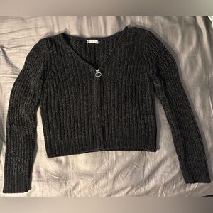 Cropped Zip Up V-Neck Sweater